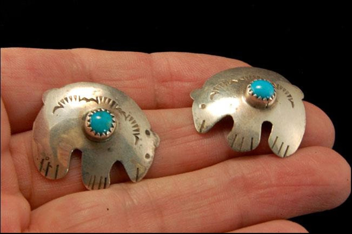 Vintage Navajo Turquoise Bear Shape Sterling Earrings - Etsy