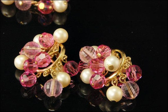 vintage signed trifari pink faceted beads faux pe… - image 4