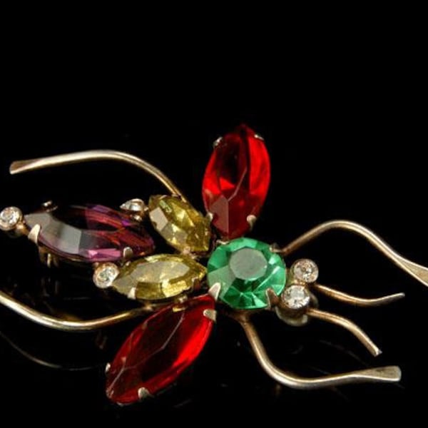 vintage coro craft sterling rhinestone art glass bug pin brooch