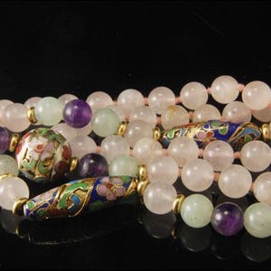 vintage rose quartz jade amethyst cloisonne beads necklace