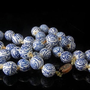 old chinese blue white symbols porcelain knotted beads necklace