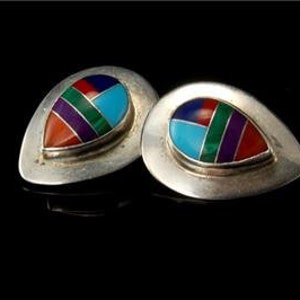 vintage navajo se mosaic turquoise coral lapis sterling clasp earrings