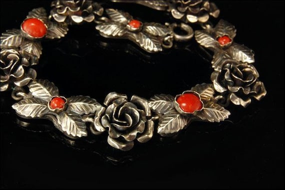vintage red coral rose flower 800 silver bracelet - image 2