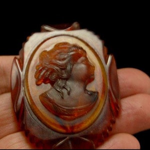 old victorian style carved lady cameo brown bakelite brooch pin