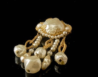 vintage art deco LOUIS ROUSSELET FRANCE baroque pearl gold tone dangle pink brooch