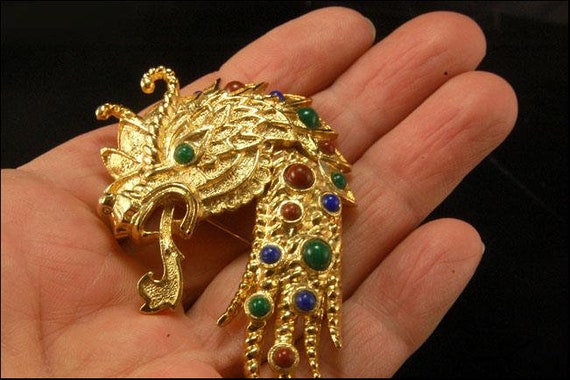 vintage coro chinese dragon head jeweled gold ton… - image 4