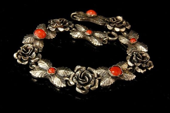 vintage red coral rose flower 800 silver bracelet - image 1