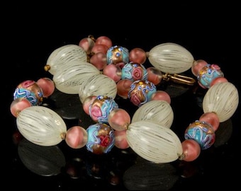 old deco SALVIATI LATTICINO venetian rose glass wedding cake beads necklace
