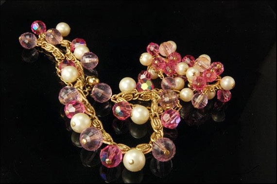vintage signed trifari pink faceted beads faux pe… - image 1