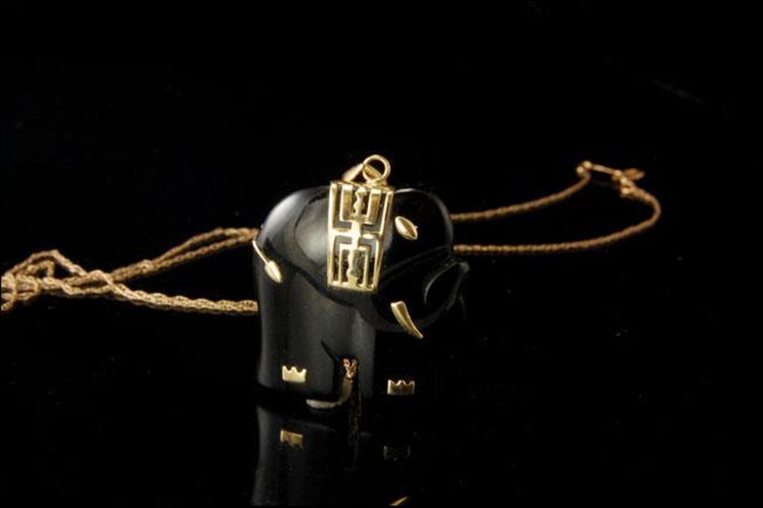 Pendentif Ancien éléphant En Onyx Noir Et Or 14 Carats - Bijou Vintage Unisexe