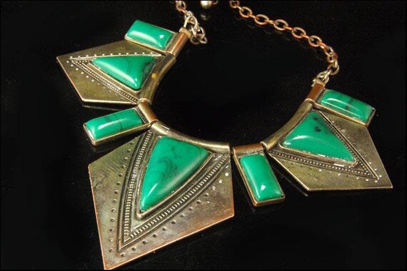 vintage art deco style malachite plastic silver t… - image 1