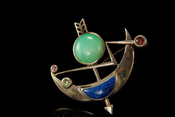 vintage modernist jade garnet peridot lapis sterl… - image 2