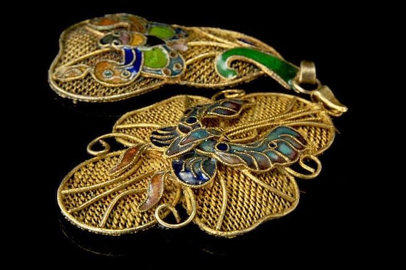 2 antique chinese bat bird enamel gilt filigree b… - image 2