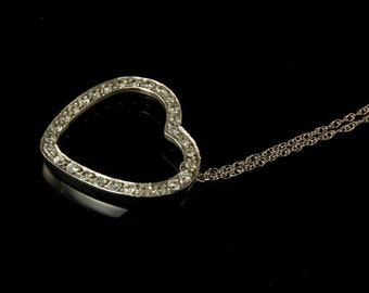 vintage heart 14k white gold cz cubic zirconia pendant chain necklace