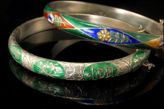 2 Vintage Thailand Symbol Enamel 925 Sterling Bangle Bracelet - Etsy