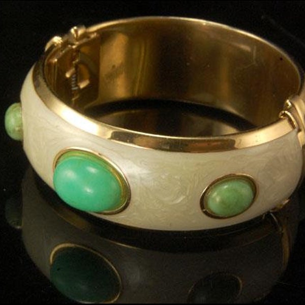 francesca romana green jade cabochons pearl enamel gold tone bangle bracelet