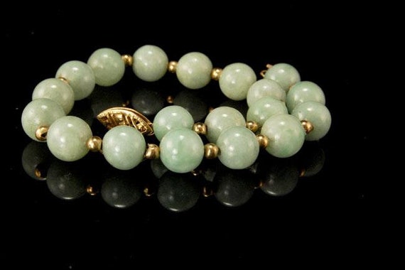 vintage chinese green jade beads 14k gold beads c… - image 1