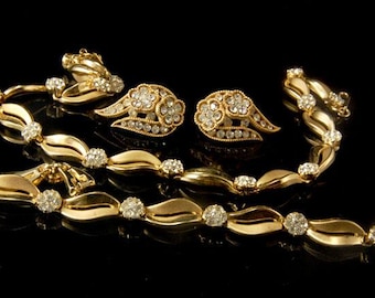vintage crown trifari diamond rhinestone gold tone bracelet necklace earring set