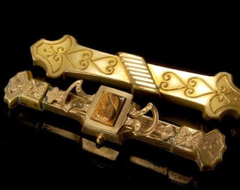 2 antique early victorian carved tiger eye gold filled brooch pins