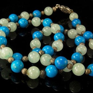 vintage blue turquoise green agate silver beads necklace