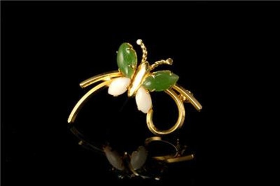 Broche Ancienne En Jade Et Corail - Monture Dorée, Occasion Vintage