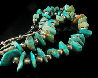 old PAWN NAVAJO blue turquoise large NUGGETS sterling silver necklace 31" long