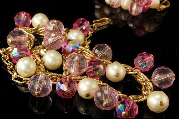vintage signed trifari pink faceted beads faux pe… - image 2