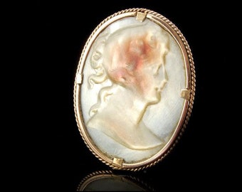 Antique Victorian 14k Gold Carved Mop Lady Cameo Pin Brooch