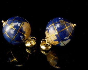 2 vintage 14K gold cobalt enamel GLOBE dangle charm earring pendant