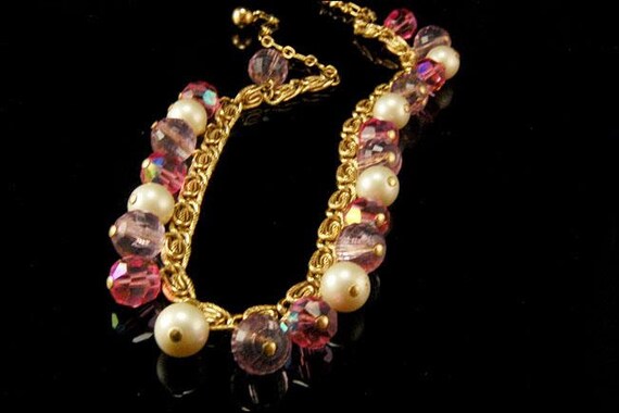 vintage signed trifari pink faceted beads faux pe… - image 6