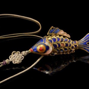 Pendentif poisson bleu émaillé, collier en argent sterling, breloque vintage en argent 925 - France