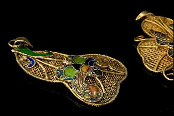 2 antique chinese bat bird enamel gilt filigree b… - image 3