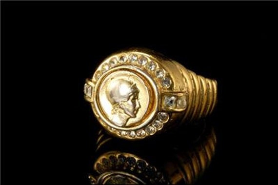Vintage Roman Soldier Diamond Crystal Gold Filled Ring Signet