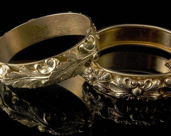 2 vintage CORO repousse leaf flower HINGED bangle bracelet