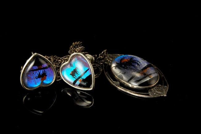 vintage butterfly wing hoffman sterling necklace heart earrings set