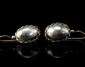 vintage black luster pearl mobe sterling 925 dangle earrings