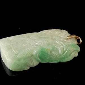 vintage chinese apple green jadeite bird bamboo 14k gold pendant