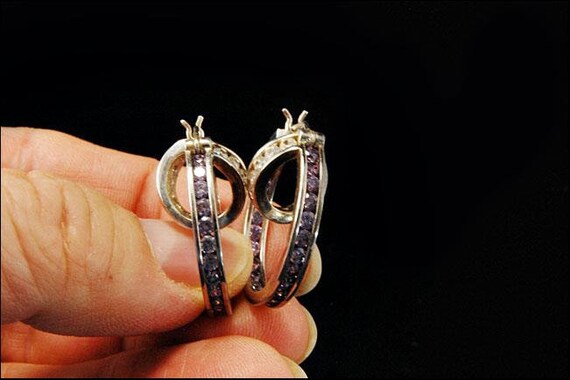 vintage diamond rhinestone sterling hoop earrings - image 3