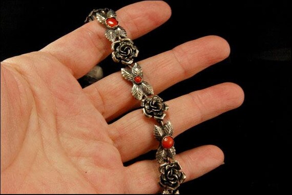 vintage red coral rose flower 800 silver bracelet - image 5