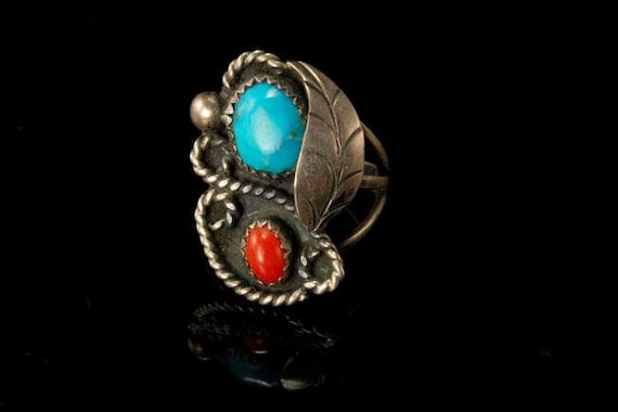 Vintage Early Navajo Coral Turquoise Sterling Silver Ring Etsy UK