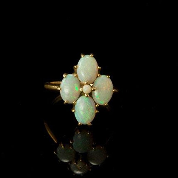 vintage light green blue 4 opals seed pearl 14k yellow gold ring