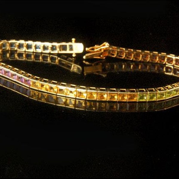 vintage baguette rainbow natural gemstone 14k gold tennis bracelet