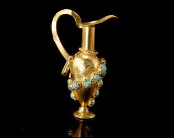 old 18k solid gold blue turquoise miniature amphora pitcher charm pendant