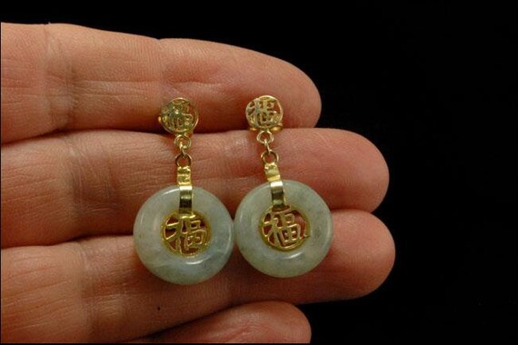 vintage chinese symbol green jade disc gilt dangl… - image 4