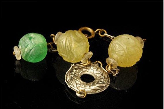 old chinese carved green crystal shou beads sterl… - image 1