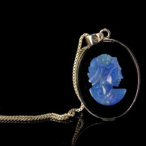 Vintage Carved Opal Lady Portrait Cameo Black Jade Silver Pendant