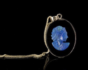 vintage carved opal lady portrait cameo black jade silver pendant necklace