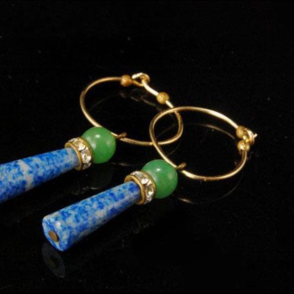 vintage modern style jade lapis rhinestone 10k yellow gold dangle earrings