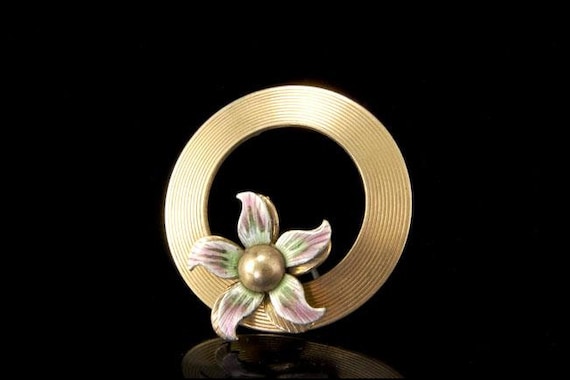 vintage enamel sterling 14k gold flower pin brooch - image 1