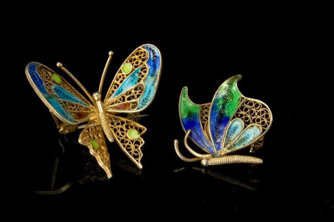 Broche Ancienne Papillon En Vermeil - Filigranée, Dorée, Vintage, Occasion En Très Bon état